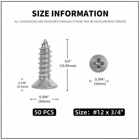 Heavy Duty Flat Head Phillips Self Tapping Screws In 304 Stainless Steel 18 8 Grade Size #12 x 3/4 inch with dimensions