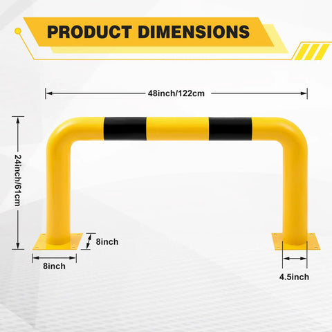 Heavy Duty Steel Machine Guard Barrier For Industrial Use, 48 Inch Long By 24 Inch High High-Profile Safety Guard Rail, yellow with black stripe, dimensions shown