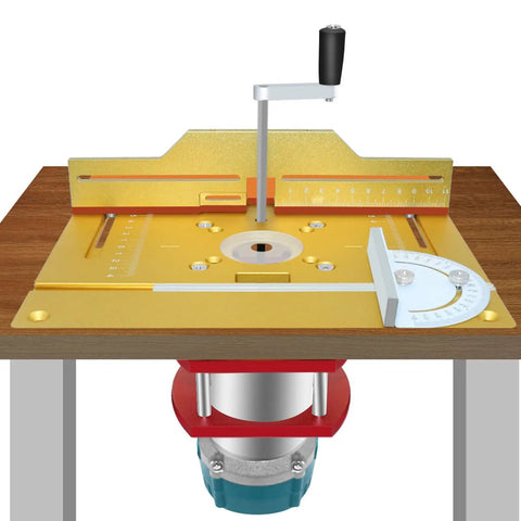 Rock Solid Trimming Router Lift Plate With Sweet Engraved Scale Built Like A Tank Anodized Aluminum mounted on a woodworking table.
