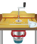 Heavy Duty Aluminum Router Lift Plate With Precision Engraved Scale for woodworking, mounted on a wooden bench for trimmer use.