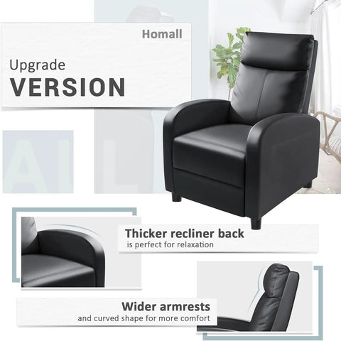 Comfy Leather Recliner Chair With Lumbar Support For Home Theater And Living Room, Adjustable 90 To 180 Degree Recline, Black