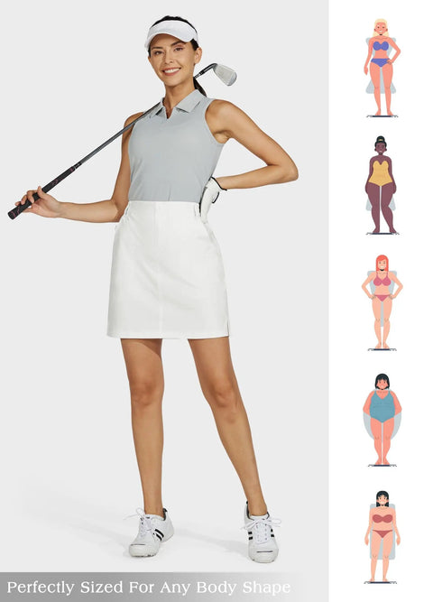 Model wearing Women's Golf Skort With Built In Shorts, Moisture Wicking Quick Dry Nylon, UPF 50 Plus Sun Protection, White, Size M.