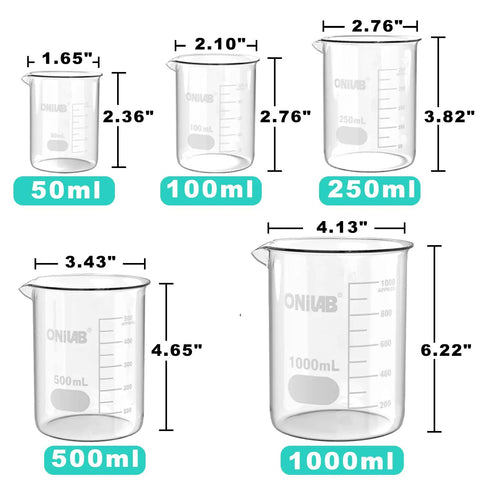 Glass Beaker Set Pack Of Five With 50ml 100ml 250ml 500ml 1000ml Griffin Low Form 3.3 Borosilicate Printed Graduation For Laboratories Classrooms Or Home Use ASTM E960 Type I