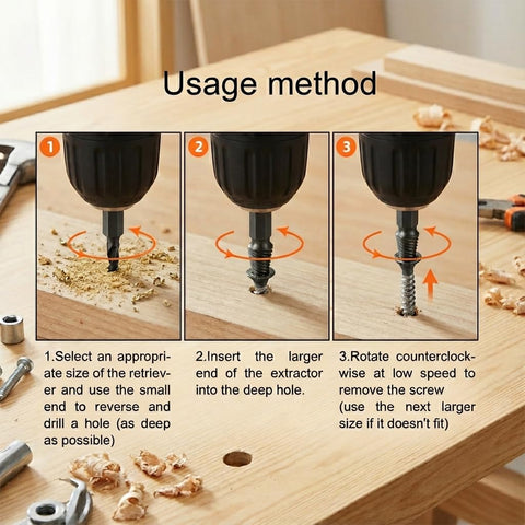 Steps to use Damaged Screw Extractor Set 6Pc For Easy Removal Of Stripped Screws And Rusty Bolts Handy Drill Bit Tools Kit