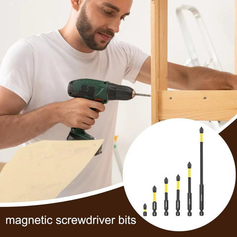 Super Sleek 6 Pc Magnetic Drill Bit Set With Quick Change Screwdriver Bits In 4 Sizes Made From Gritty S2 Steel For Tough Home Repairs And Jobsite Projects That Need A Reliable Anti Slip Grip For All Your DIY Adventures. Man using magnetic screwdriver bits with cordless drill on wood repair