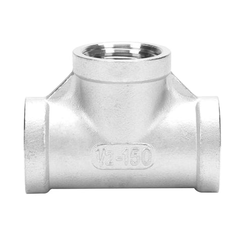 Stainless Steel One Half Inch NPT Female Three Way Tee Connector SUS304 Cast Pipe Fitting for DIY Plumbing, front view.