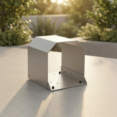 Heavy Duty Grey Foot Switch Guard Cover With Angled Hooded Shape And Textured Coating For Tight Machine Shop Spaces Durable Hardware Accessory on a table.