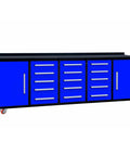 Heavy Duty Steel Storage Cabinet With Beefy Work Bench Featuring Fifteen Non Slip Drawers And Two Massive Doors in blue color.