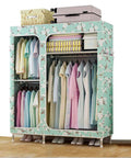 Portable Wardrobe Closet 49 x 17 x 66 Inch, Waterproof Fabric Cover, Heavy Duty Steel Tube Frame, Freestanding Clothes Organizer, Green with clothing and storage.