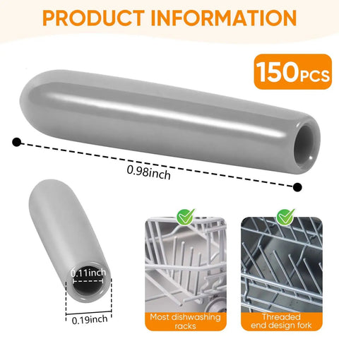Close-up of 150 Pcs Dishwasher Rack Prong Repair Caps Anti Slip End Tips For Tines, Durable PVC Protectors Gray Finish