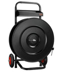 Heavy Duty Banding Strapping Cart Smooth Operator Rig for Pet Pp and Fiber Rolls, black steel design with red wheels.