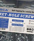 Pocket Hole Screws Set 500 Piece Assortment Pro Grade Bulk Pack in plastic storage box with fine and coarse thread options.
