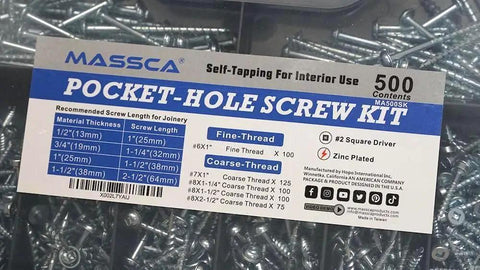 Pocket Hole Screws Set 500 Piece Assortment Pro Grade Bulk Pack in plastic storage box with fine and coarse thread options.