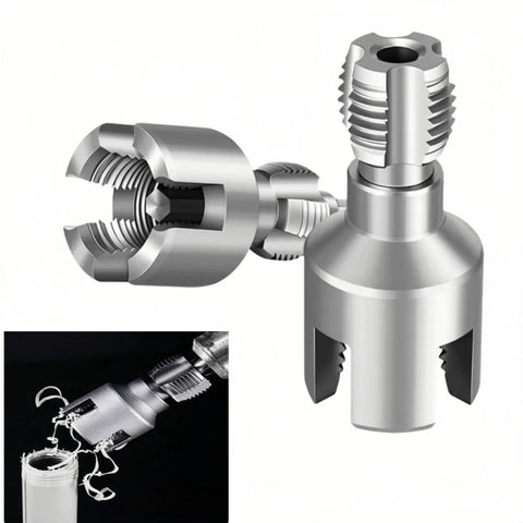 Heavy Duty Pipe Thread Cutting Tool Kit For PVC With Internal External Tap And Die Set Compatible With Electric Drill DN15 12 Inch And DN20 34 Inch Sizes - Close-up of the alloy steel cutter head.