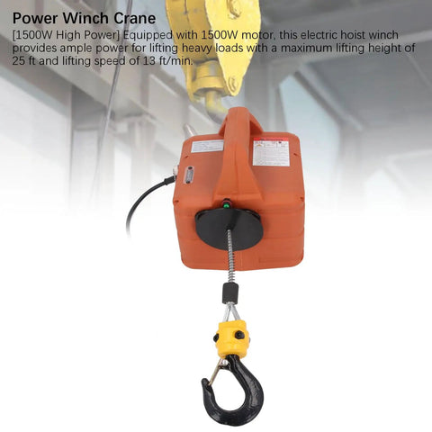 Heavy Duty Electric Hoist Winch 660 LB Capacity With 1500W Motor For Garage Use, 25 Foot Lift Height And Fast Speed Plus Us Plug Power, wire hook and orange motor.