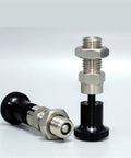 Heavy Duty Spring Lock Pin With Fine Thread M16 Aluminum Knurled Knob And Smooth Index Plunger Design close-up on a black and metal construction piece.