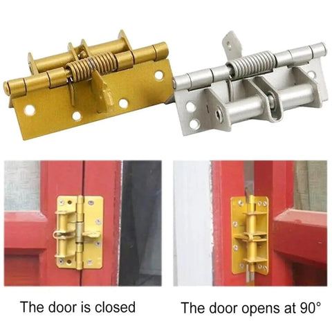 Hella Sturdy Automatic Self Closing Door Hinge Spring Loaded Cabinet Hardware showing gold and silver hinges in closed and 90° opened positions.
