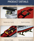 Detailed view of Epic USS Enterprise Aircraft Carrier Model Kit With 1883 Building Blocks, showing turret, pulleys, linkage, stand