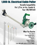 Heavy Duty Drill Attachment Cable Puller With 1000 Lb Force Adjustable Wire Tugger For Half Inch To Four Inch Conduit Pro Electrician Beast Includes accessory kit.