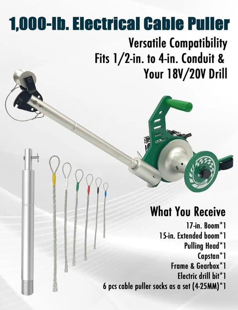 Heavy Duty Drill Attachment Cable Puller With 1000 Lb Force Adjustable Wire Tugger For Half Inch To Four Inch Conduit Pro Electrician Beast Includes accessory kit.