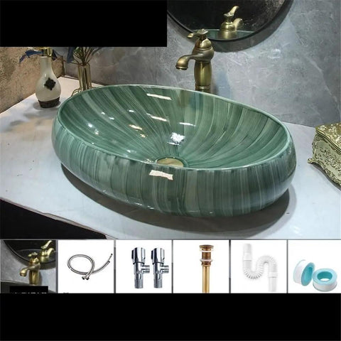 USZWBY Green Ceramic Oval Vessel Sink for Bathroom Balcony Outdoor Counter Top Vanity with elegant design on countertop