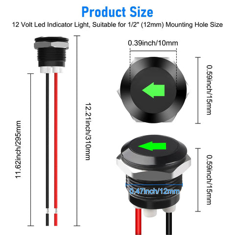 Two Pack 12V Green LED Indicator Lights For Cars And Trucks Waterproof Signal Lamps With Half Inch Panel Cutout size details