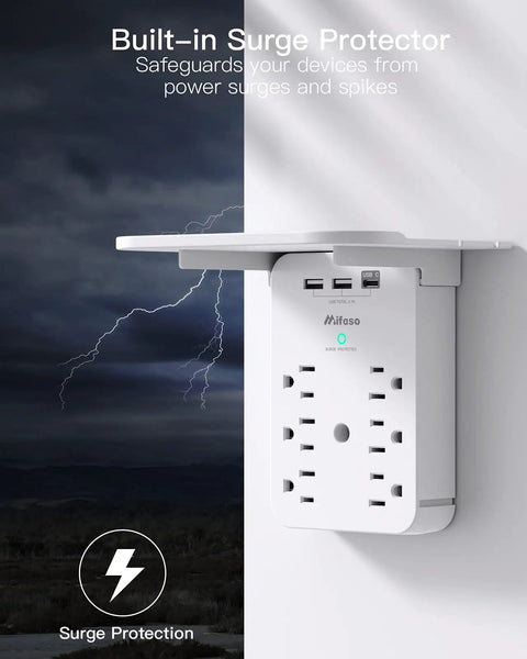 Wall Outlet Extender With Surge Protector Six AC Outlets USB C And USB A Ports Space Saving Shelf against stormy sky