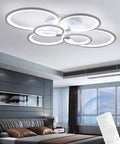 Dimmable Modern Ring Ceiling Light With Six Acrylic Rings Flush Mount LED Chandelier for Bedroom with remote control visible