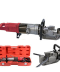 Portable Electric Rebar Bender Sporting Slick Hydraulic Action And Built Like A Tank Steel Casing For Quick Job Site Bar Bending Up To Twenty Five Millimeters with red casing and steel cutter.
