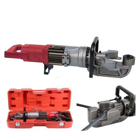 Portable Electric Rebar Bender Sporting Slick Hydraulic Action And Built Like A Tank Steel Casing For Quick Job Site Bar Bending Up To Twenty Five Millimeters with red casing and steel cutter.