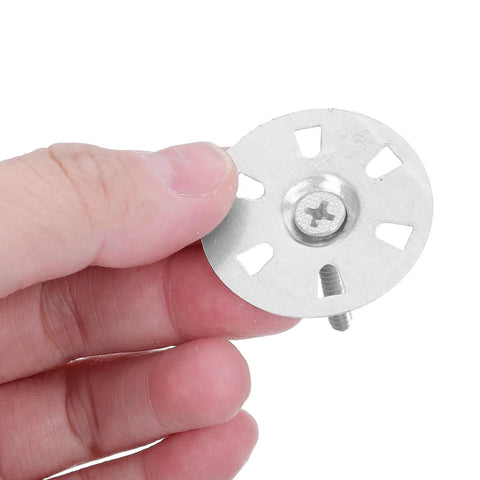 Heavy Duty Metal Washers For Foam Board Insulation Kit With Screws 1.4 Inch Diameter Silver close-up in hand