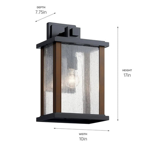 Outdoor Wall Light Sconce In A Sleek Dope Black Finish With Clear Seeded Glass, 17 Inches High By 10 Inches Wide, with dimensions