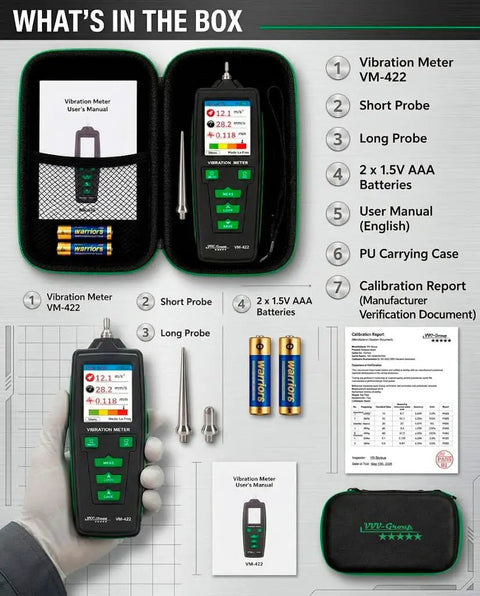 Workhorse Industrial Vibration Meter VM 422 With Memory For Trend Tracking, 3 In 1 Vibration Diagnostics, Measures Acceleration 0.1 To 199.9 m/s2, Velocity 0.1 To 199.9 mm/s, Displacement 0.001 To 1.999 mm, 10 Hz To 4 kHz, 500 Data Storage, with case and probes