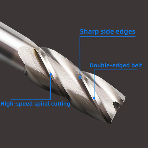 Close-up of Pro Grade HSS Square Nose End Mill with 4 flute straight cutters showing sharp edges and spiral cutting for precise metalwork.