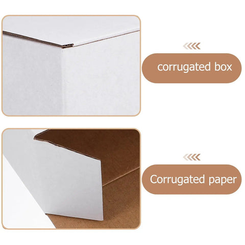 Close-up of 10 Pack Corrugated Cardboard Moving Boxes Mailers For Shipping And Packing 7x4x4 Inch, showing white exterior and cardboard interior.
