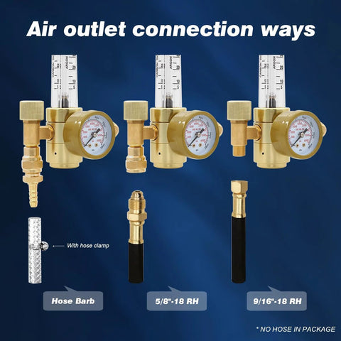 Three brass MIG/TIG welding gas regulators with flow meters and hose adapters