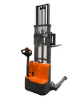 Heavy Duty Electric Pallet Stacker With Straddle Legs Boasting A Massive 2640 Lb Capacity And An Impressive 118 Inch Lift Height, showing ergonomic handle and smooth movement.