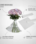 Bouquet in 50 Pack Clear PP Plastic Flower Water Bags For Bouquet Transport And Storage Sleeves with rolls shown.