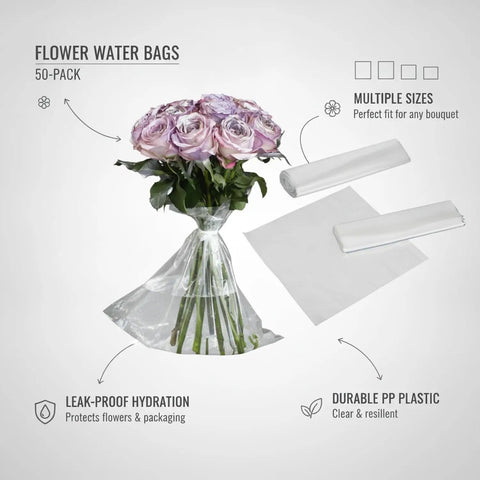 Bouquet in 50 Pack Clear PP Plastic Flower Water Bags For Bouquet Transport And Storage Sleeves with rolls shown.