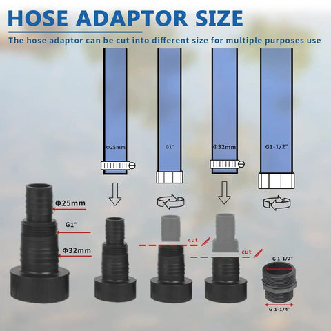 Diagram showing various hose adapter sizes for 1HP 3000 GPH Stainless Steel Submersible Clean Water Transfer Pump Heavy Duty With Float Switch