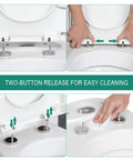 Two-button quick release hinges on White Square Elongated Toilet Seat Featuring Quiet Soft Close Lids for easy cleaning.