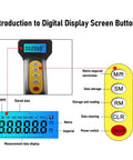 Keenso Digital Measuring Wheel 9999.9M Telescopic Design with detailed display and button functions for measurement settings.