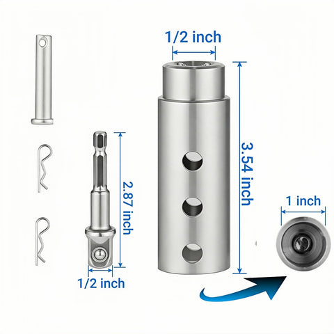 Trailer Jack Drill Adapter For 1 Inch Drive Shaft, Stainless Steel Heavy Duty Power Tool with measurements and components shown