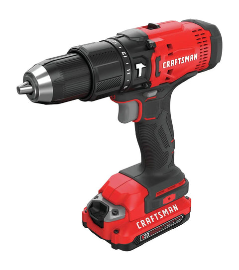 V20 One Half Inch Cordless Hammer Drill Kit With Two Batteries And Charger Included For Heavy Duty Jobsite Drilling In Concrete And Brick 280 Unit Watts Out Twenty Five Thousand Five Hundred BPM Two Speed Gearbox