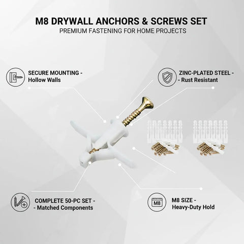 50 Pack M8 Drywall Anchors With Zinc Plated Screws Heavy Duty Hollow Wall Anchor Kit overview with components and features