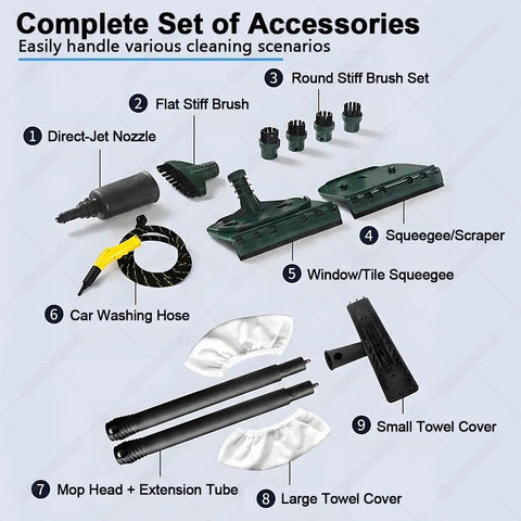 Complete set of accessories for High Power Handheld Steam Cleaner With 6 Piece Accessory Set for various cleaning tasks.