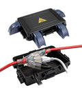 Compact Outdoor Electrical Box With Clear Waterproof Shield And Weatherproof Cord Cover For Four Cable Entries Fits 12 14 16 Gauge Cables Up To 15mm Black One Piece Perfect For Patio Garage Yard And Outdoor DIY Projects, shown open with cables inside