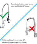 Image of two commercial sink sprayer setups, left compatible and right not compatible, with notes on thread types.