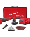 Badass Brushless 12V Oscillating Multi Tool Full Setup Kit with heavy duty battery, charger, and cutting accessories in storage case.