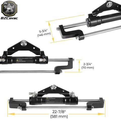 Beefy Front Mount Hydraulic Outboard Steering Cylinder Handles Up To Three Hundred Fifty Horsepower Engines With measurement labels.